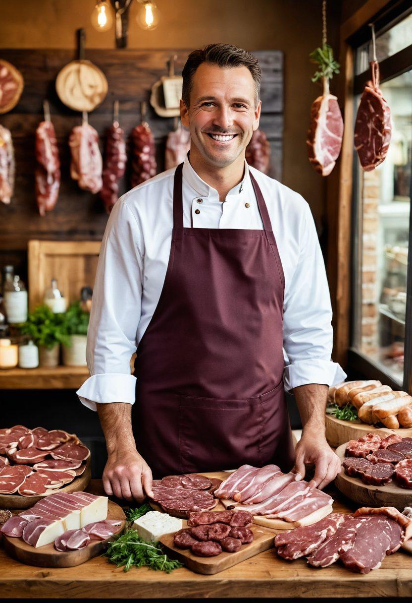 A cheerful butcher standing in a vibrant, rustic shop filled with gourmet meats and delicacies, showcasing an array of colorful charcuterie. The butcher is smiling, wearing an apron, and holding a beautifully arranged platter of cured meats and cheeses. In the background, artisanal sausages and fresh herbs hang from hooks, creating a warm atmosphere. Bright, inviting lighting enhances the details of the gourmet offerings. super-realistic. warm colors. rustic aesthetic.