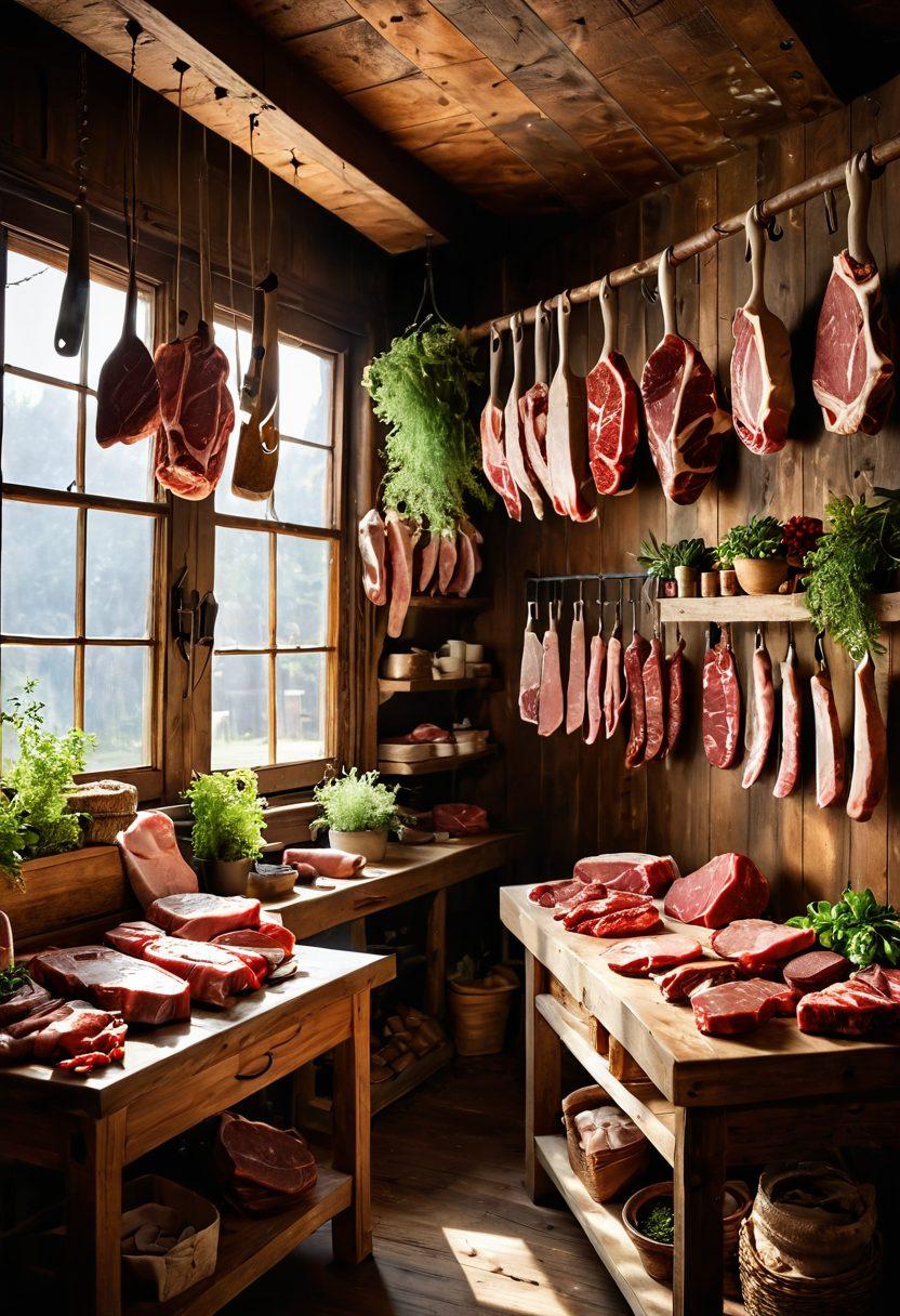 An artisanal butcher in a rustic shop, carefully selecting premium cuts of meat, surrounded by vibrant hanging herbs and handcrafted butcher tools. The scene evokes warmth and craftsmanship, with rich textures of various meats and a wooden backdrop showcasing meat delicacies. Bright sunlight streaming in through a window adds an inviting atmosphere. super-realistic. vibrant colors. rustic ambiance.