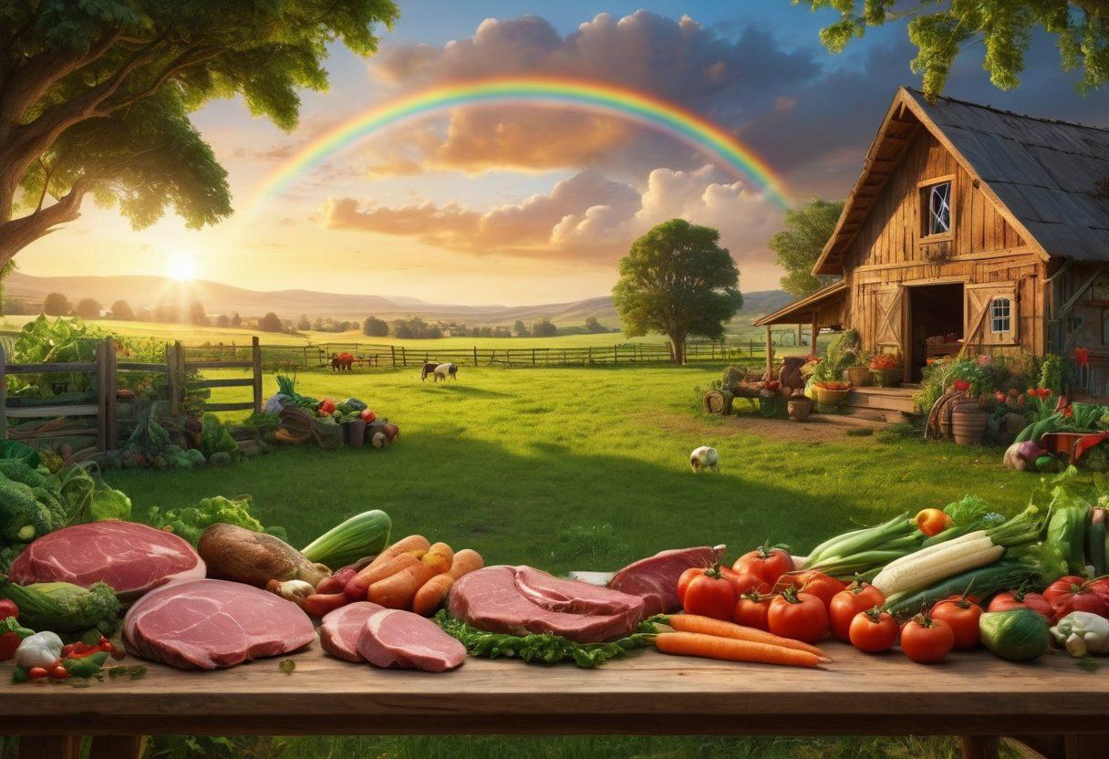 A lush, green farm landscape featuring happy animals grazing, with a rainbow of fresh vegetables in the foreground. Include a rustic wooden table laid out with various premium cuts of meat, surrounded by a backdrop of a sunset to evoke warmth and sustainability. The scene should convey a sense of care for animal welfare and organic farming practices. vibrant colors. super-realistic.